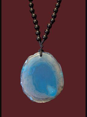 Boho Blue Agate Slice 2.24" Pendant Hand Knotted 22.5" Chain Necklace